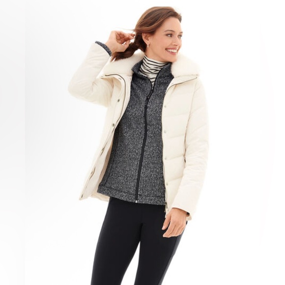 TALBOTS SHORT DOWN PUFFER JACKET Medium White faux fur warm down NEW quilted - Picture 1 of 16